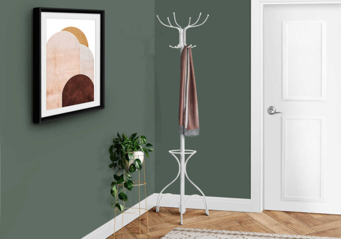 COAT RACK - 70"H / WHITE METAL WITH AN UMBRELLA HOLDER