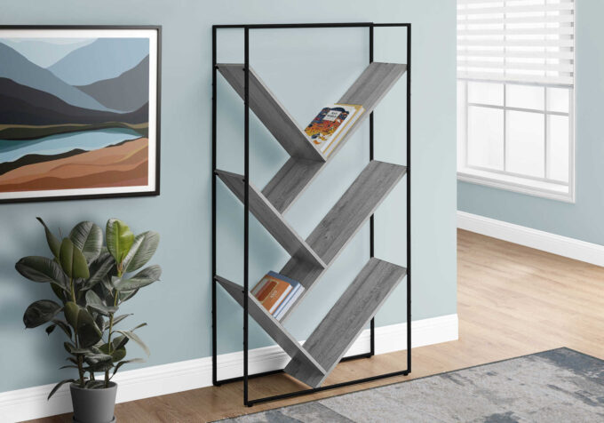 BOOKCASE - 60"H / GREY / BLACK METAL