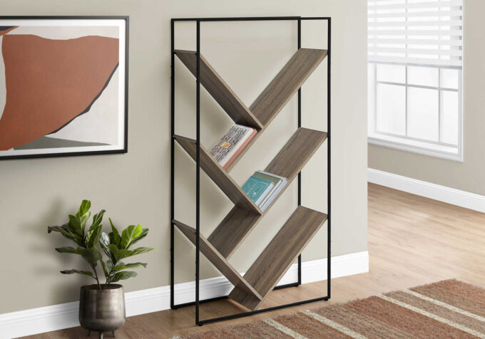 BOOKCASE - 60"H / DARK TAUPE / BLACK METAL