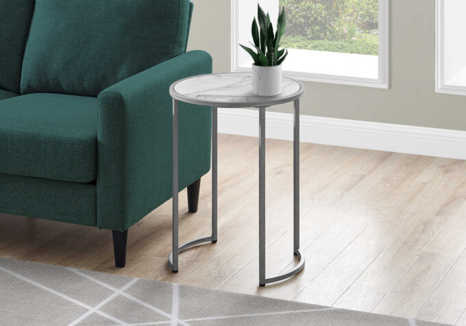 ACCENT TABLE - 24"H / WHITE MARBLE-LOOK / SILVER METAL