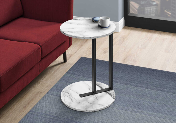 ACCENT TABLE - 24"H / WHITE MARBLE-LOOK / BLACK METAL