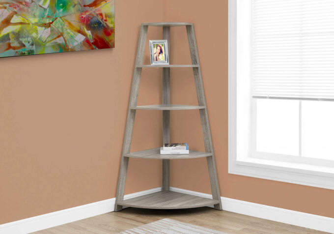 BOOKCASE - 60"H / DARK TAUPE CORNER ACCENT ETAGERE