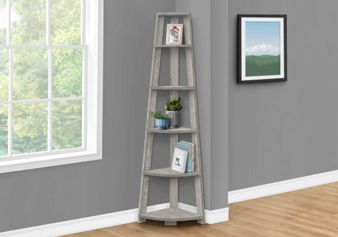 BOOKCASE - 72""H / INDUSTRIAL GREY CORNER ACCENT ETAGERE - Image 2