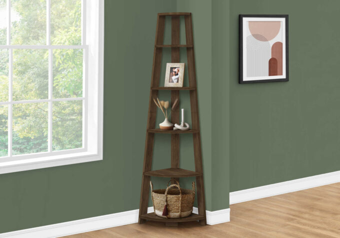 BOOKCASE - 72""H / DARK WALNUT CORNER ACCENT ETAGERE - Image 2