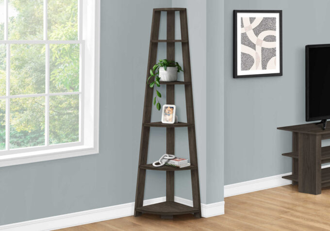 BOOKCASE - 72""H / BROWN OAK CORNER ACCENT ETAGERE