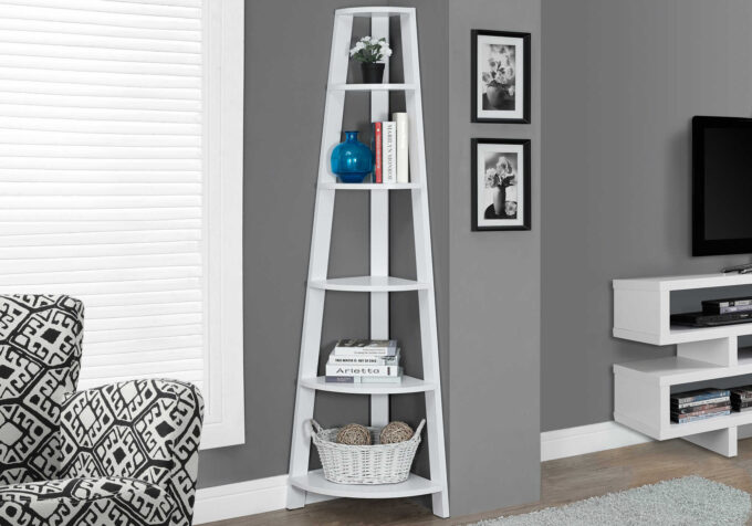 BOOKCASE - 72"H / WHITE CORNER ACCENT ETAGERE