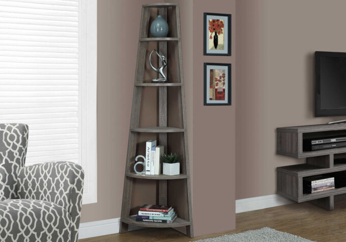 BOOKCASE - 72"H / DARK TAUPE CORNER ACCENT ETAGERE