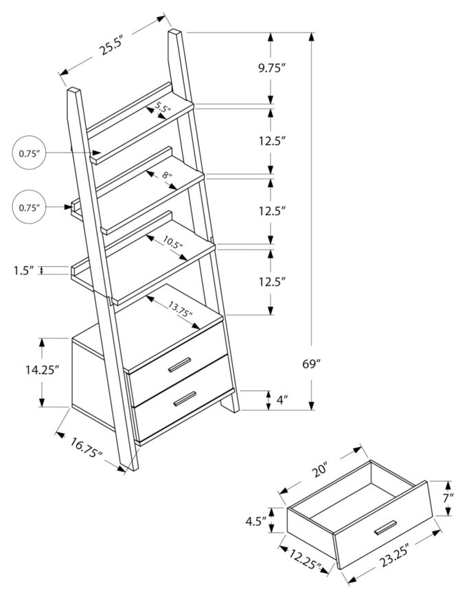 BOOKCASE - 69"H / DARK TAUPE LADDER W/ 2 STORAGE DRAWERS - Image 5