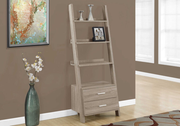 BOOKCASE - 69"H / DARK TAUPE LADDER W/ 2 STORAGE DRAWERS