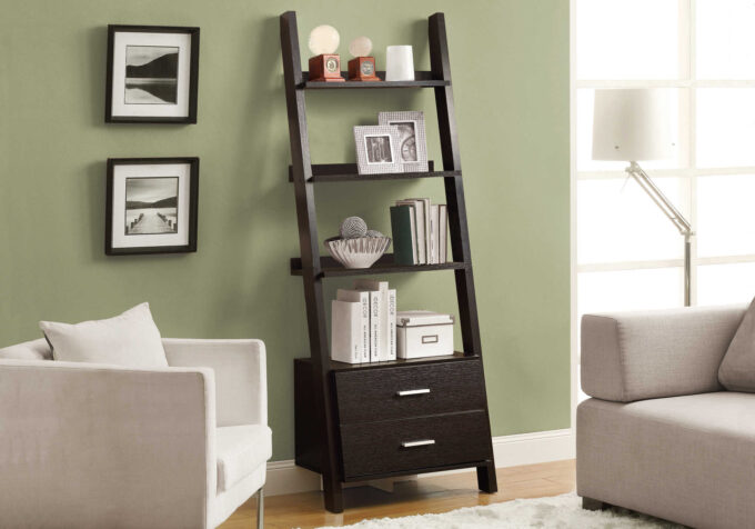 BOOKCASE - 69"H / ESPRESSO LADDER W/ 2 STORAGE DRAWERS