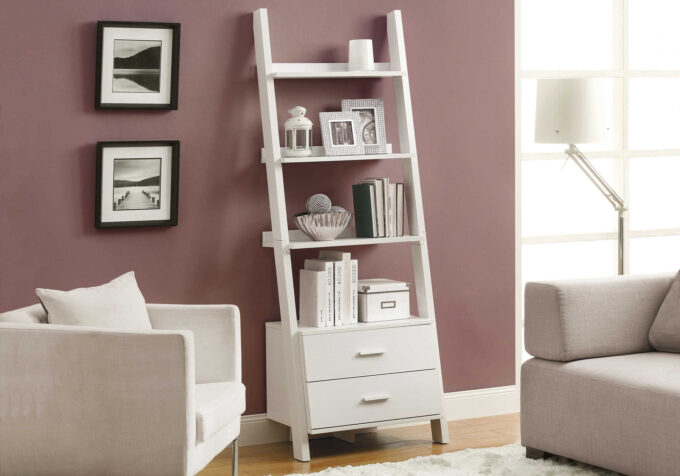 BOOKCASE - 69"H / WHITE LADDER WITH 2 STORAGE DRAWERS