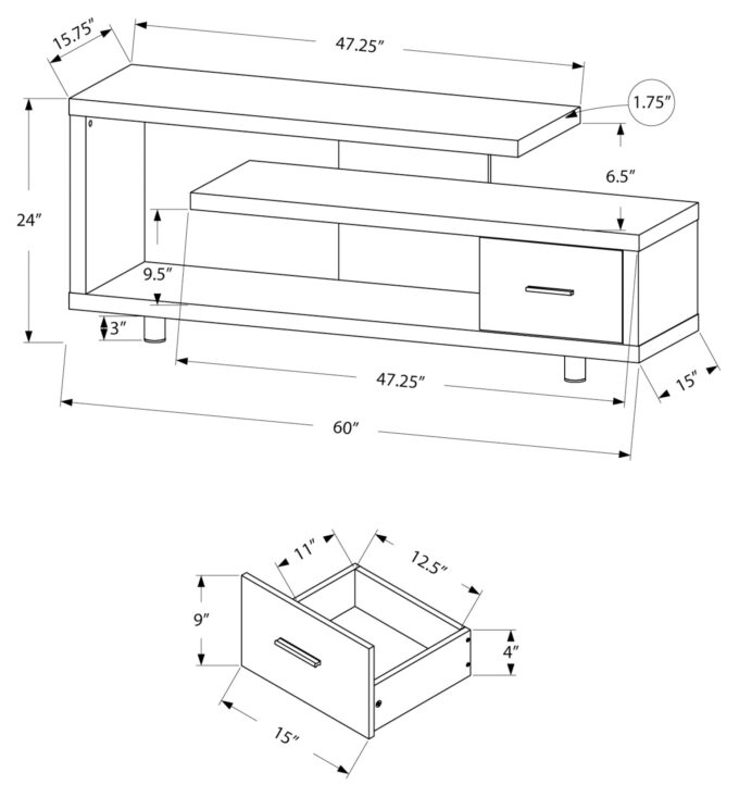 TV STAND - 60"L / BLACK / GREY TOP WITH 1 DRAWER - Image 4