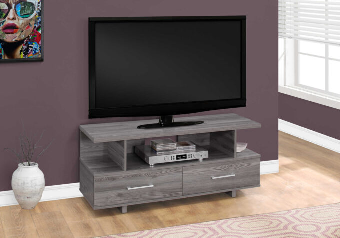 TV STAND - 48"L / GREY WITH 2 STORAGE DRAWERS