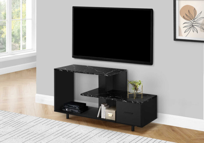 TV STAND - 48"L / BLACK / BLACK MARBLE TOP / 1 DRAWER