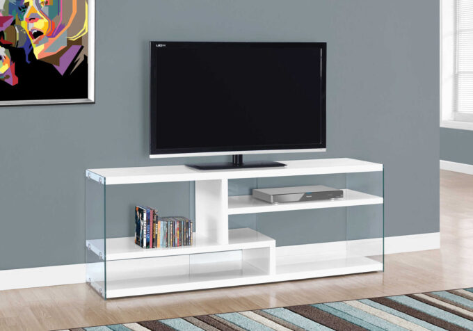 TV STAND - 60"L / GLOSSY WHITE WITH TEMPERED GLASS