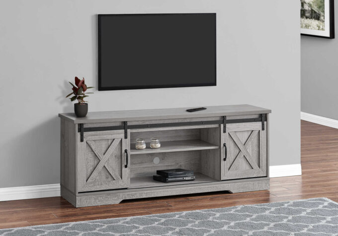 TV STAND - 60"L / GREY WITH 2 SLIDING DOORS - Image 2