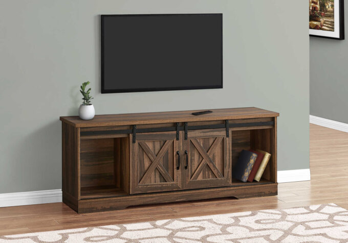 TV STAND - 60"L / BROWN RECLAIMED-LOOK / 2 SLIDING DOORS