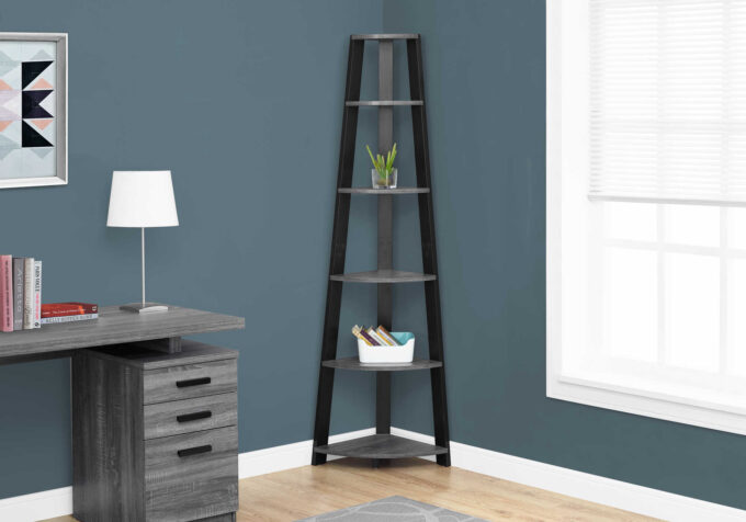 BOOKCASE - 72"H / GREY-BLACK CORNER ACCENT ETAGERE