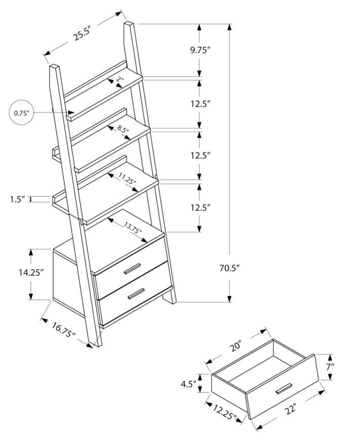 BOOKCASE - 69"H / GREY-BLACK LADDER WITH 2 STORAGE DRAWER - Image 5