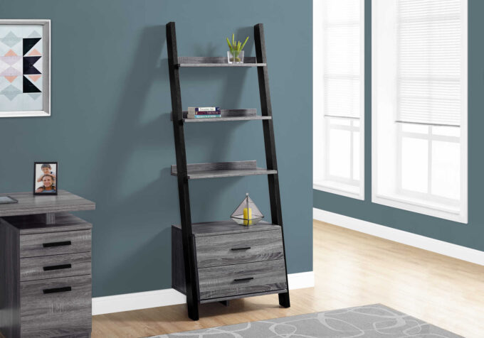 BOOKCASE - 69"H / GREY-BLACK LADDER WITH 2 STORAGE DRAWER