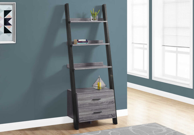 BOOKCASE - 69"H / GREY-BLACK LADDER WITH 2 STORAGE DRAWER - Image 2