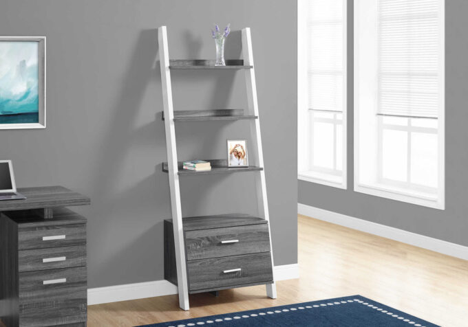 BOOKCASE - 69"H / GREY-WHITE LADDER WITH 2 STORAGE DRAWER