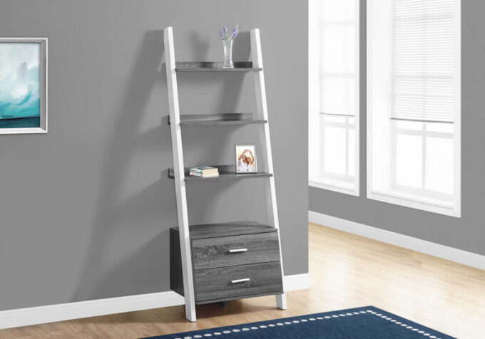 BOOKCASE - 69"H / GREY-WHITE LADDER WITH 2 STORAGE DRAWER - Image 2