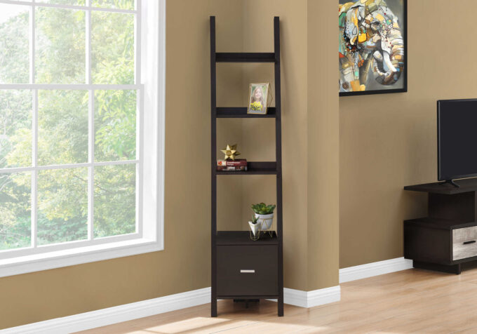 BOOKCASE - 69"H / ESPRESSO CORNER ETAGERE W/ DRAWER