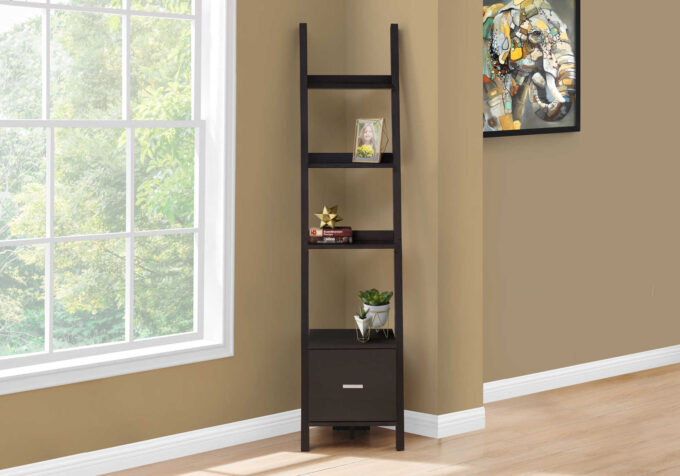 BOOKCASE - 69"H / ESPRESSO CORNER ETAGERE W/ DRAWER - Image 2