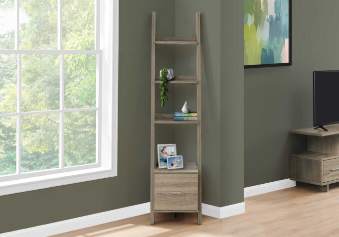 BOOKCASE - 69"H / DARK TAUPE CORNER ETAGERE W/ DRAWER