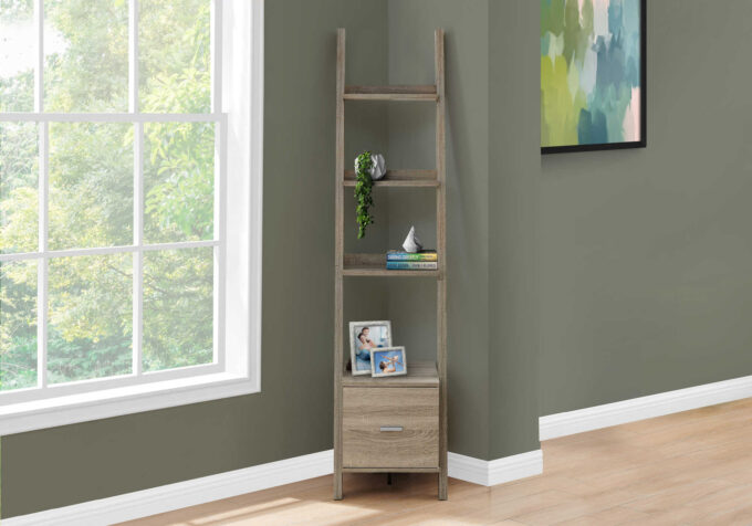 BOOKCASE - 69"H / DARK TAUPE CORNER ETAGERE W/ DRAWER - Image 2