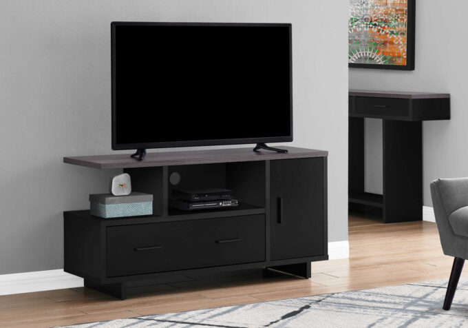 TV STAND - 48"L / BLACK / GREY TOP WITH STORAGE