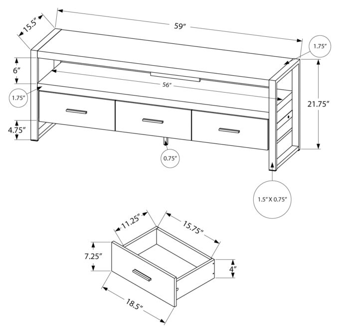 TV STAND - 60"L / BROWN RECLAIMED WOOD-LOOK / 3 DRAWERS - Image 4