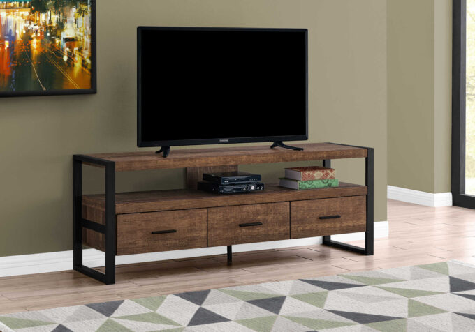 TV STAND - 60"L / BROWN RECLAIMED WOOD-LOOK / 3 DRAWERS