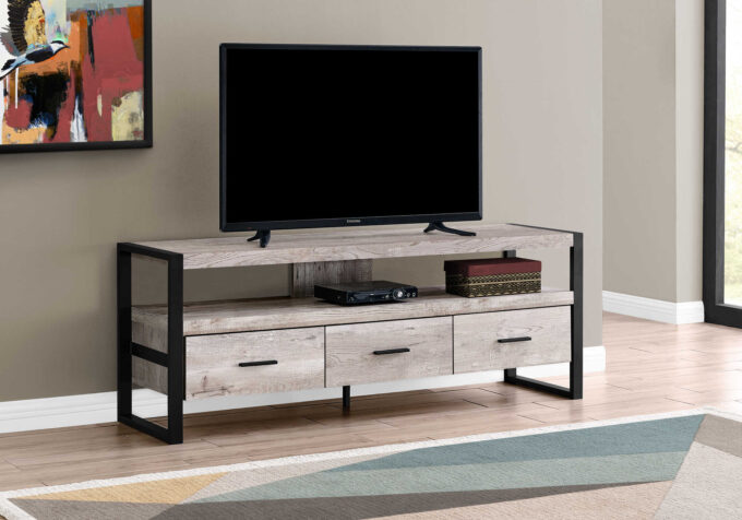 TV STAND - 60"L / TAUPE RECLAIMED WOOD-LOOK / 3 DRAWERS