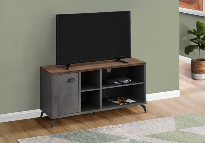 TV STAND - 48"L / GREY CONCRETE / MEDIUM BROWN RECLAIMED