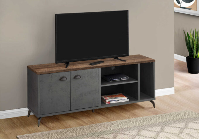 TV STAND - 60"L / GREY CONCRETE / MEDIUM BROWN RECLAIMED