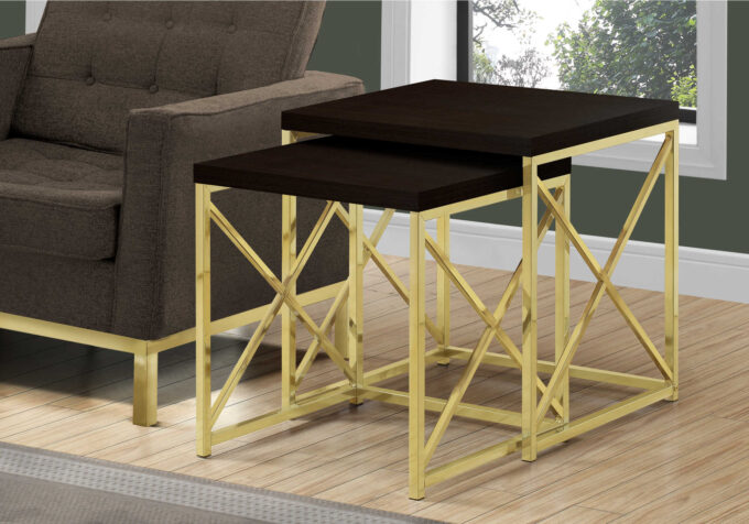 NESTING TABLE - 2PCS SET / ESPRESSO / GOLD METAL