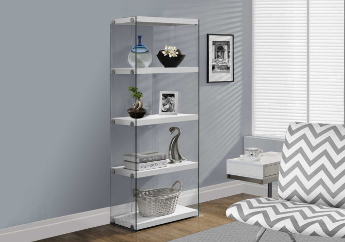 BOOKCASE - 60"H / GLOSSY WHITE WITH TEMPERED GLASS