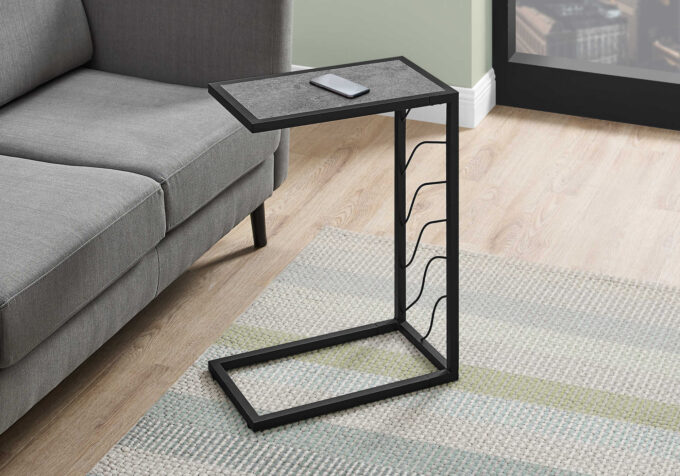 ACCENT TABLE - 25"H / GREY STONE-LOOK / BLACK METAL