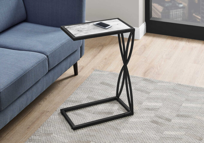 ACCENT TABLE - 25"H / WHITE MARBLE-LOOK / BLACK METAL