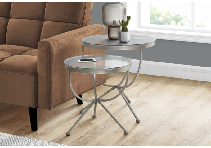 NESTING TABLE - 2PCS SET / SILVER WITH TEMPERED GLASS