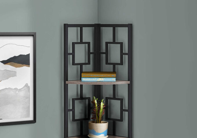 BOOKCASE - 62"H / DARK TAUPE / BLACK METAL CORNER ETAGERE - Image 3