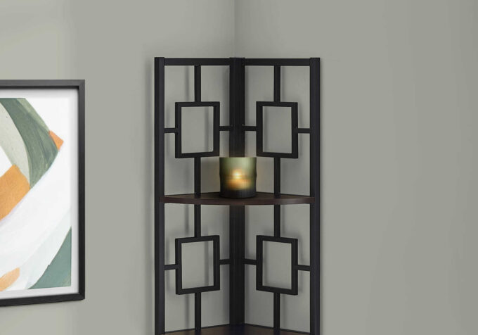 BOOKCASE - 62"H / ESPRESSO / BLACK METAL CORNER ETAGERE - Image 4