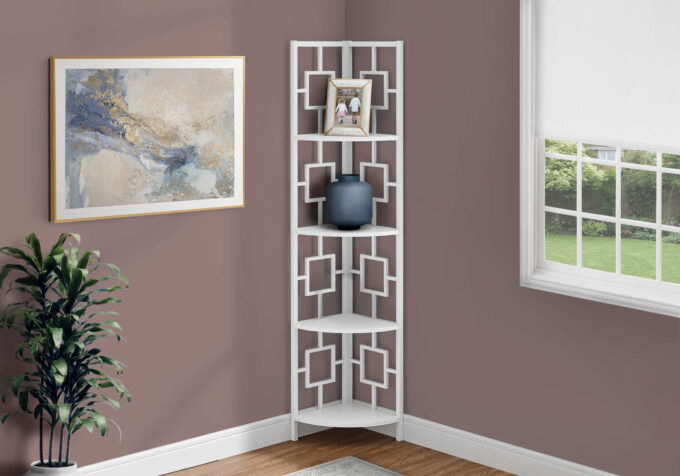 BOOKCASE - 62"H / WHITE / WHITE METAL CORNER ETAGERE