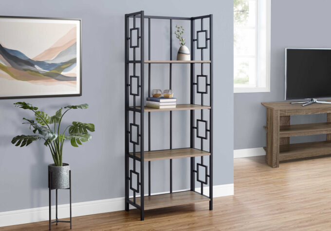 BOOKCASE - 62"H / DARK TAUPE / BLACK METAL ETAGERE