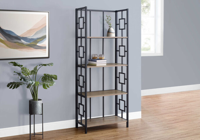 BOOKCASE - 62"H / DARK TAUPE / BLACK METAL ETAGERE - Image 2