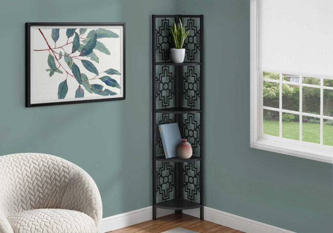 BOOKCASE - 62"H / BLACK / BLACK METAL CORNER ETAGERE