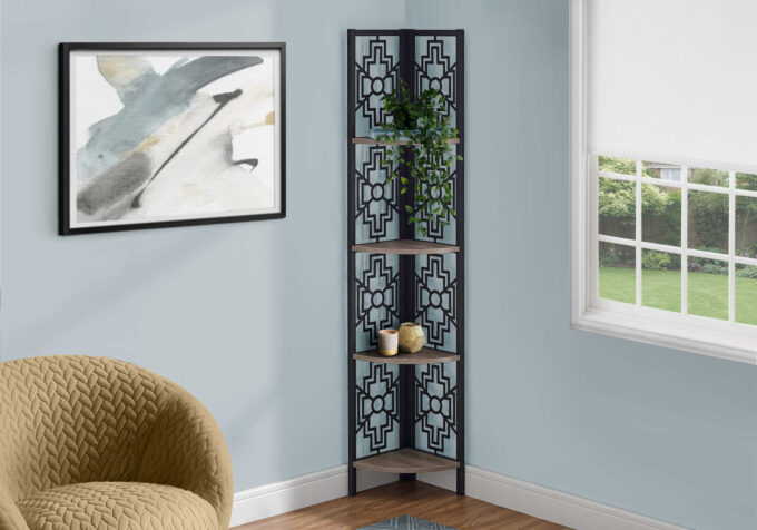 BOOKCASE - 62"H / DARK TAUPE / BLACK METAL CORNER ETAGERE