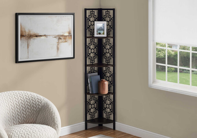 BOOKCASE - 62"H / ESPRESSO / BLACK METAL CORNER ETAGERE